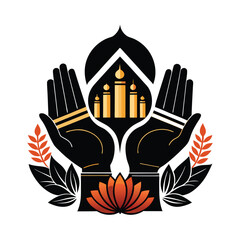 Obraz premium A symmetrical emblem featuring a pair of hands raised in prayer, encircled by a laurel wreath adorned with leaves and decorative elements