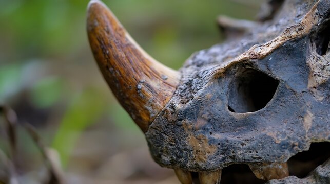 Closeup of ancient fossilized dinosaur skull fragment with protruding horn showcasing prehistoric wildlife : Generative AI