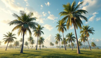 Fototapeta premium Lush Palm Tree Meadow on a Sunny Day with a Blue Sky