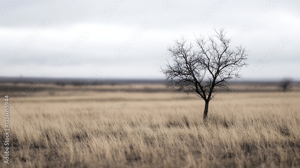 Poster solitary tree in vast field under cloudy sky representing a serene and lonely landscape : generative
