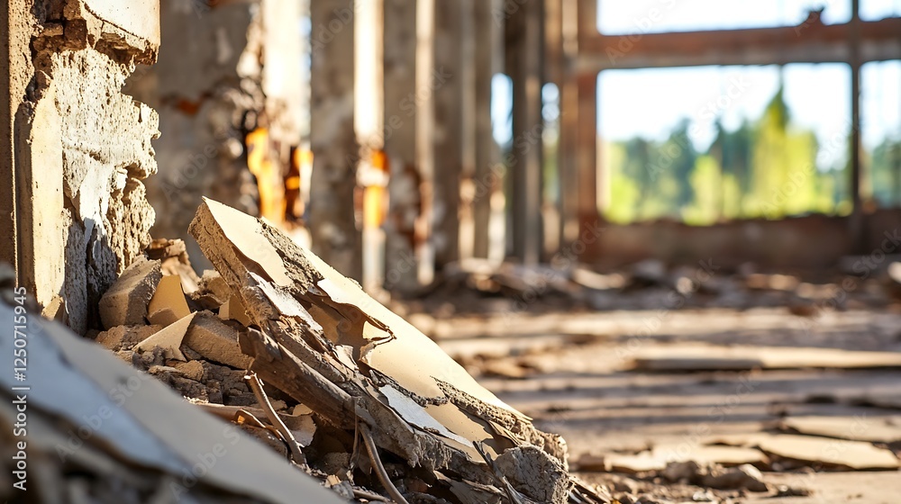 Poster debris and ruins inside an abandoned building with natural light streaming through windows : generat