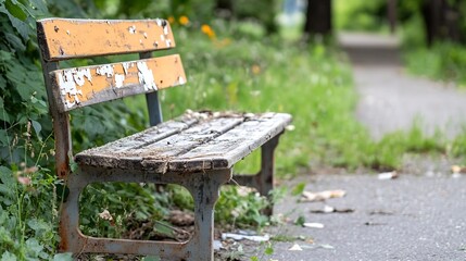 Fototapeta premium Abandoned wooden bench covered in rustic charm beside a serene overgrown pathway in nature : Generative AI