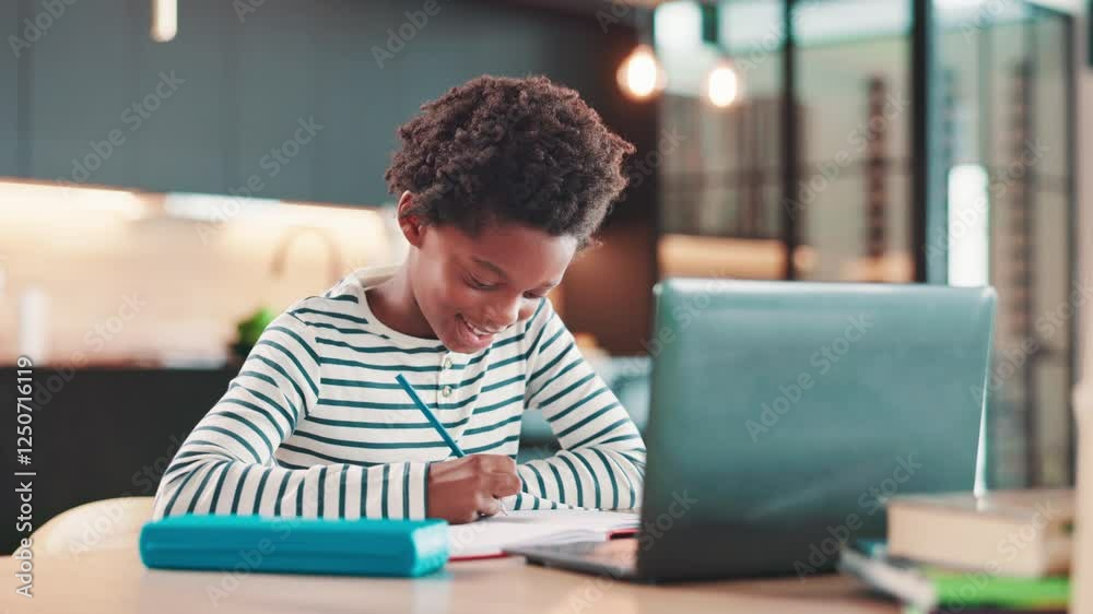 Poster writing, online class and child on laptop in home for elearning, studying and virtual lesson. happy,