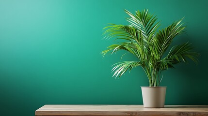 Lush green potted palm plant on wooden table against teal wall.