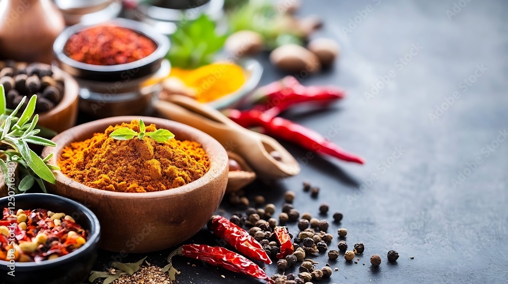 Poster colorful assortment of spices and herbs arranged on a rustic kitchen countertop for culinary use : g