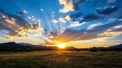 Obraz premium Stunning sunset over mountains with dramatic clouds and rays of light in the sky : Generative AI