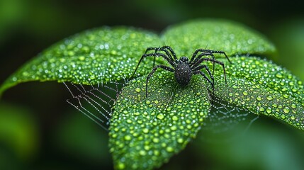 Dew-covered leaf, spider, rainforest, macro photography, nature