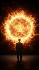 Fototapeta premium hell, fire, and demon concept. Mysterious figure against fiery backdrop