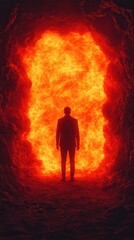 hell, fire, and demon concept. Mysterious figure approaching fiery portal