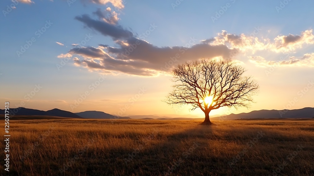 Poster solitary leafless tree silhouetted against a stunning sunset sky with colorful clouds and distant mo