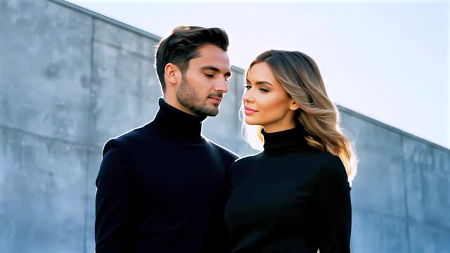 Elegant couple gazes, love reflected in minimalist setting. Black turtlenecks highlight couple presence, golden light enhances love-filled moment. Timeless minimalist concept.