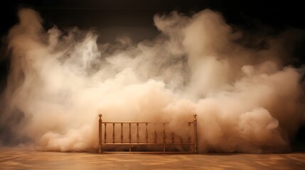 A wooden bed frame burning fiercely with the room completely filled with thick billowing smoke as the fire rages out of control creating a dangerous and life threatening situation