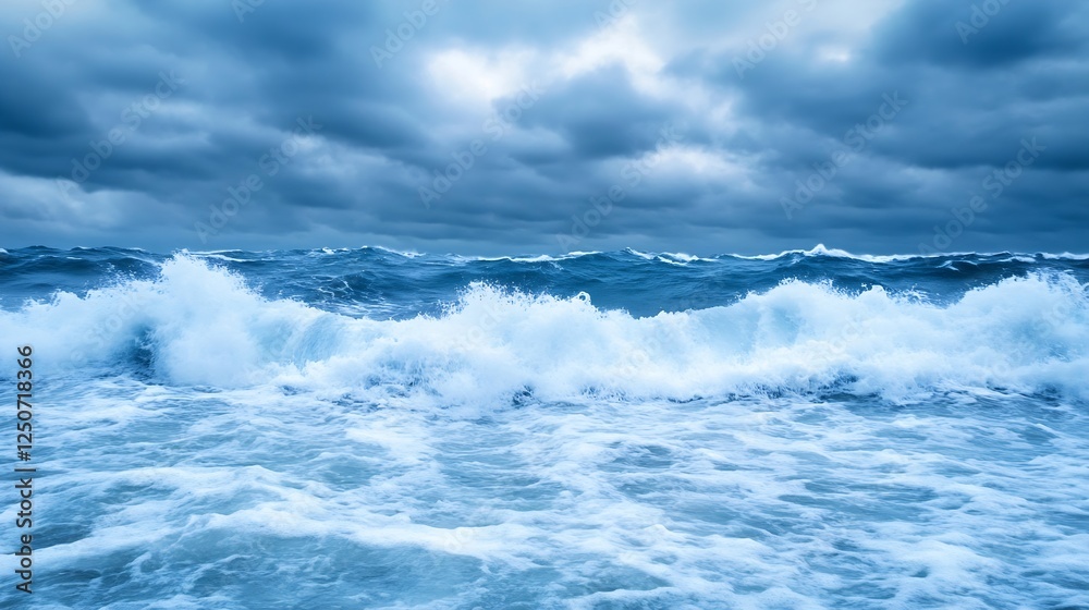 Poster dramatic ocean waves crashing against the shoreline under a stormy cloudy sky : generative ai