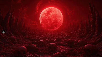 Fototapeten hell, fire, and demon concept. Red moon in a dark, surreal landscape © Ai7