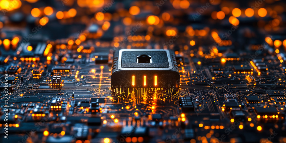 Poster advanced cybersecurity chip on circuit board for secure digital networking and data protection solut