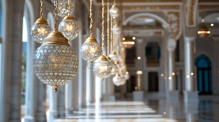 Elegant chandeliers adorned with sparkling lights hanging in a luxurious hallway of an ornate building : Generative AI