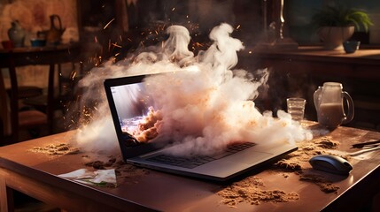 Overheating Laptop Causing Fire Outbreak on Work Desk with Flames Spreading Rapidly in Office Environment