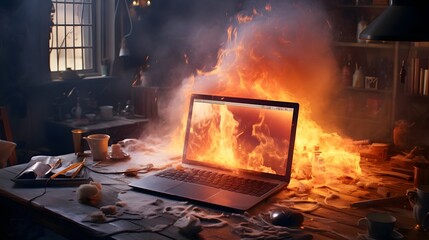 Overheating Laptop Causes Spreading Fire on Work Desk Posing Danger and Emergency Situation in Office Environment