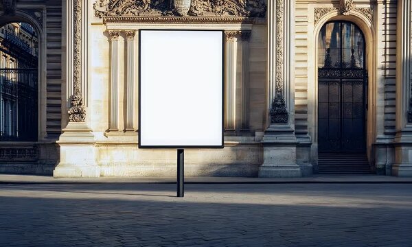Blank billboard Parisian street; sunlight, ornate building, advertisement mockup