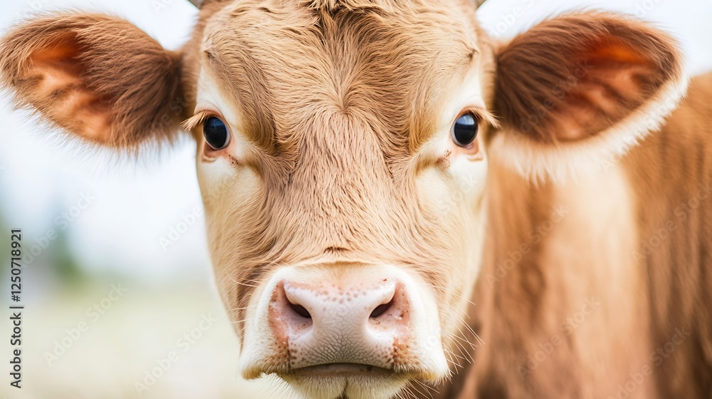 Poster close up of a curious brown cow with expressive eyes on a blurred farm background : generative ai