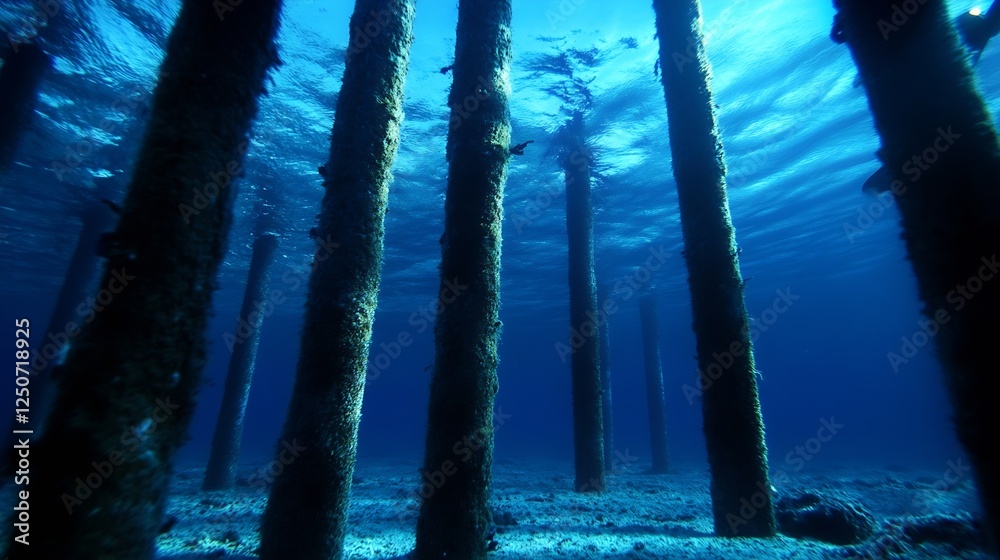 Aufkleber underwater view of wooden pillars surrounded by clear blue water creating an enchanting marine atmos