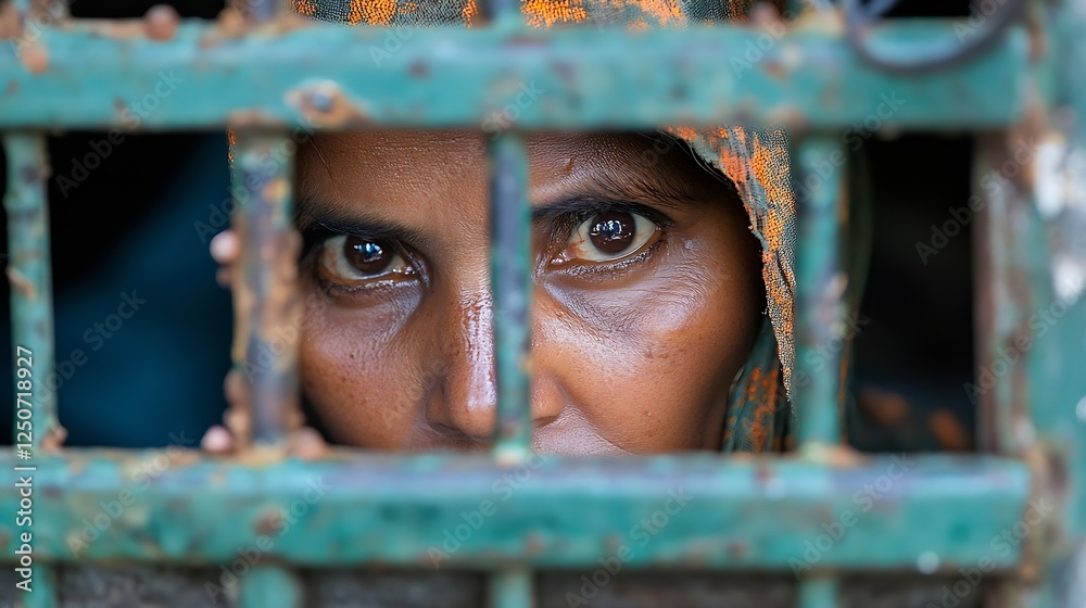 Poster intense gaze of a woman peering through the bars of a rusty window highlighting emotions of resilien