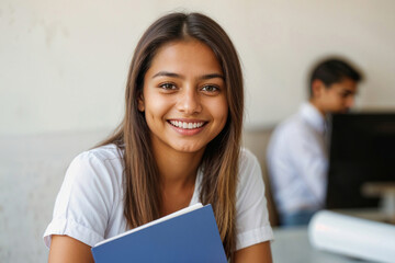 Obraz premium Portrait of happy smiling Indian student girl in classroom looking at camera