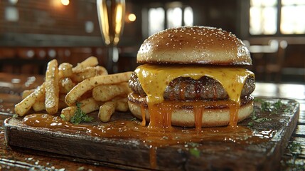Juicy cheeseburger with melted cheese and fries on a rustic wooden table