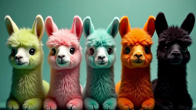 Colorful and fluffy stuffed animal toy llama friends come to life, cute children's media marketing video