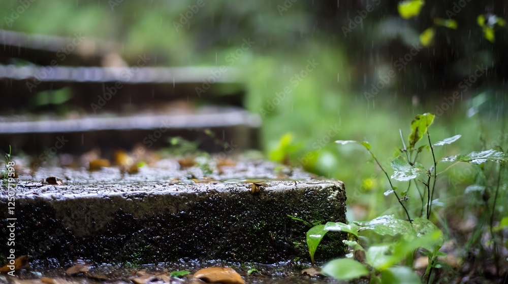 Poster rainy day steps on a peaceful nature path surrounded by lush greenery and droplets : generative ai