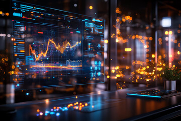 Modern 3D Charts and Graphs Suspended Above a Sleek Desk in a Futuristic Business Environment with Reflections and Light Effects