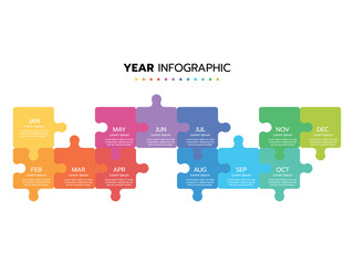 Infographic template for business. Concept with 12 pieces of a puzzle or 12 months, 4 quarter steps vector infographic.