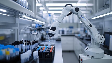 Researcher Using Robotic Arm for Experiments in High-Tech Laboratory