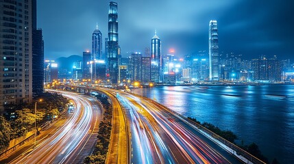 Obraz premium Futuristic Cityscape at Night with Illuminated Skyline and Roadways