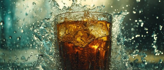 drinks coffee artisanal concept. A glass of soda splashes with ice, creating a dynamic, refreshing scene.