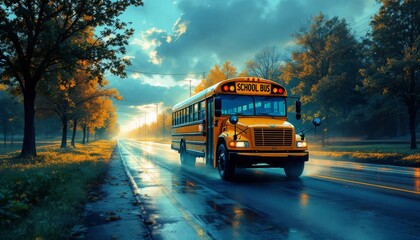 Obraz premium School Bus Driving on Wet Road Through Autumn Trees at Dusk