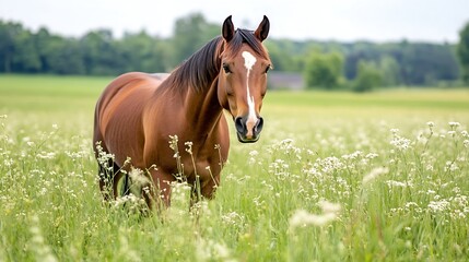 Obraz premium Beautiful brown horse standing gracefully in a vibrant green field filled with wildflowers : Generative AI