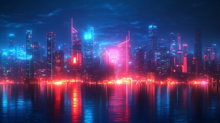 Vibrant City Skyline at Night with Glowing Lights and Reflections