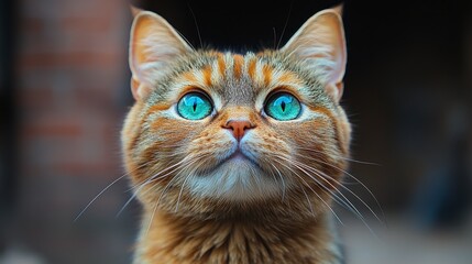 Close-up of curious tabby cat looking up. Possible use for pet advertisement or animal welfare