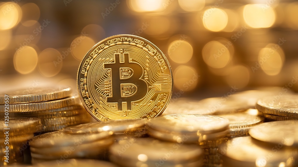 Aufkleber golden bitcoin cryptocurrency coin placed against a backdrop of shining coins and lights : generativ