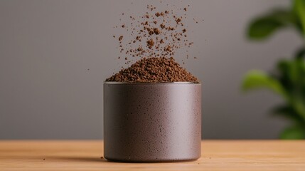 drinks coffee artisanal concept. Brown coffee grounds are spilling from a modern container on a wooden surface.