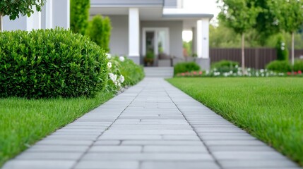 Beautiful stone pathway leading to a well manicured garden and modern house : Generative AI