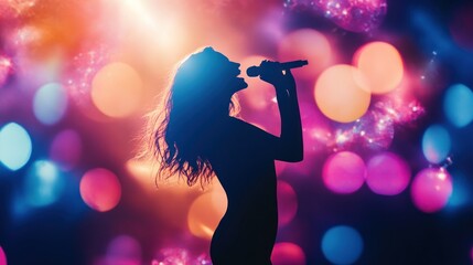 Silhouette of a female singer performing on stage with bokeh background