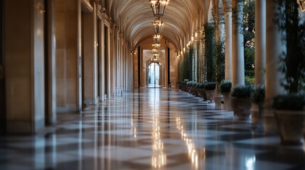Fototapeta premium Stunning view of a grand architectural hallway with elegant lighting and polished floors : Generative AI