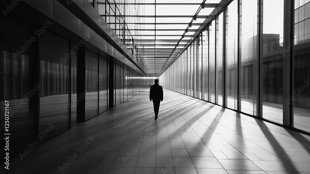 Aufkleber Silhouette of a person walking in a modern glass corridor with striking shadows and reflections : Generative AI
