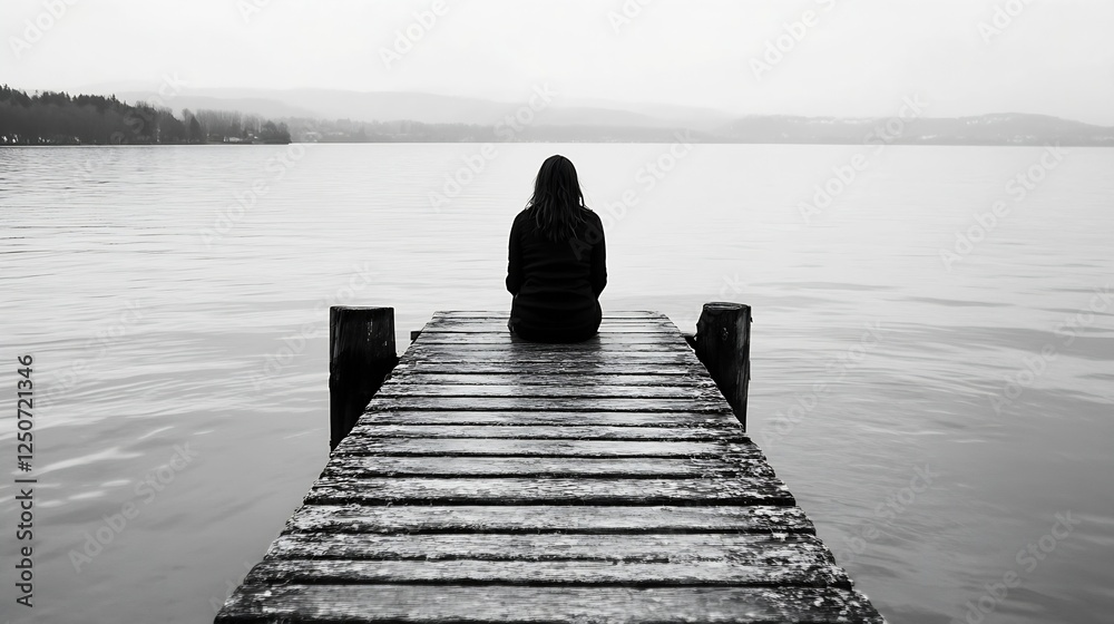 Poster Black and white image of a woman sitting on a dock overlooking a calm lake creating a serene atmosphere : Generative AI