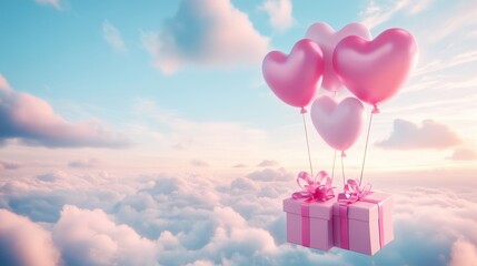 A Box flying on a parachute with pink cloud in valentine day,package flying down from sky and cloud with parachute, concept for delivery service,shopping online,air delivery service.