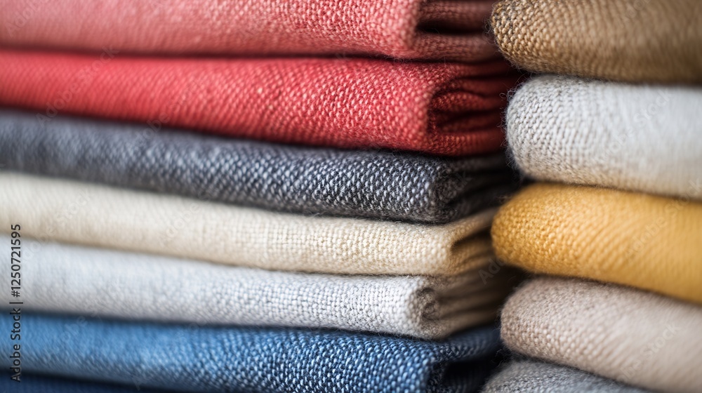 Poster Neatly folded colorful textiles stacked on a shelf showcasing diverse fabric choices : Generative AI