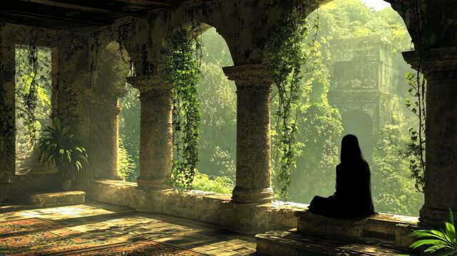 Secluded meditation in a lush ancient ruin during golden hour light
