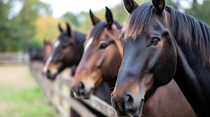 Naklejka premium Closeup of a group of beautiful horses looking with curiosity at the camera in a lush green pasture : Generative AI